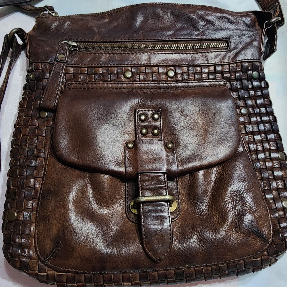 VTG Brown Woven Leather Crossbody Bag Studded Boho Messenger Made in India READ